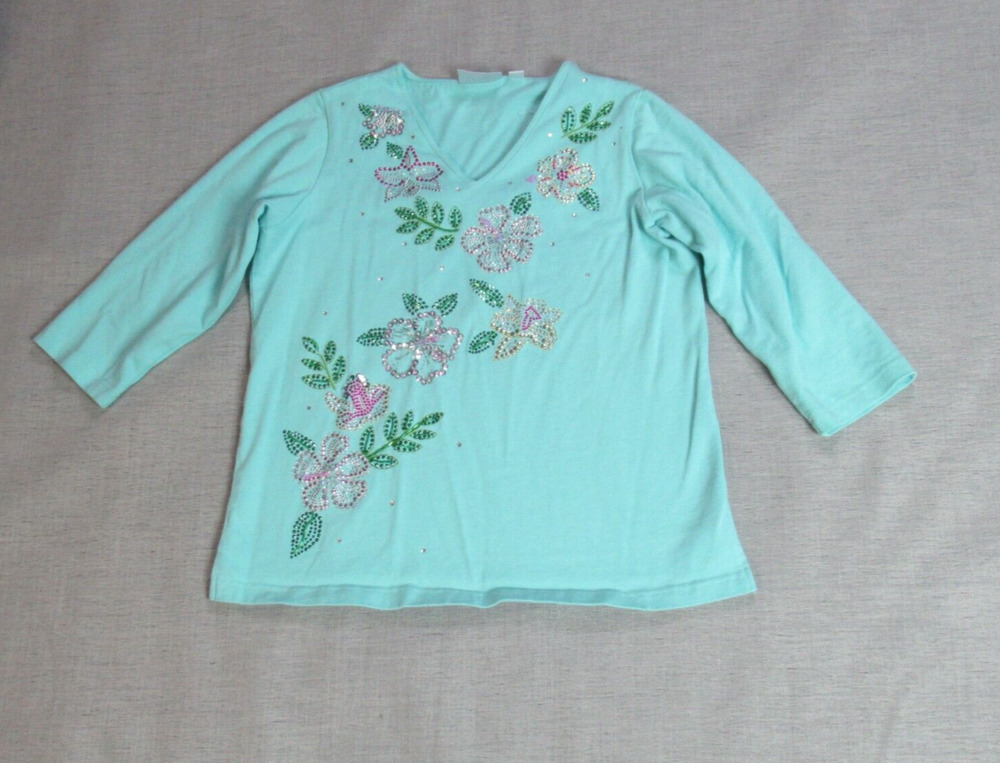 Quacker Factory Top Womens Size M Blue Beaded Floral Blouse Cottagecore Momcore
